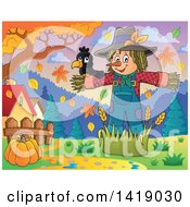 Poster, Art Print Of Crow Bird On A Scarecrow Under Autumn Trees In A Yard