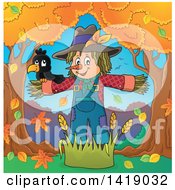 Clipart Of A Crow Bird On A Scarecrow Under Autumn Trees Royalty Free Vector Illustration by visekart