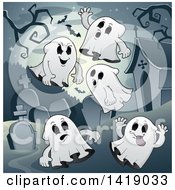 Clipart Of A Group Of Ghosts In A Cemetery Royalty Free Vector Illustration
