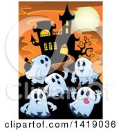 Poster, Art Print Of Group Of Ghosts Around A Haunted Mansion