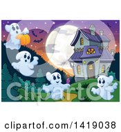 Clipart Of A Group Of Ghosts Around A Haunted Mansion Royalty Free Vector Illustration