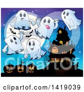 Poster, Art Print Of Full Moon With Bats Ghosts And Jackolanterns Near A Haunted House