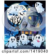 Clipart Of A Group Of Ghosts Around A Haunted Mansion Royalty Free Vector Illustration