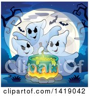 Poster, Art Print Of Group Of Ghosts Around A Boiling Cauldron Against A Full Moon