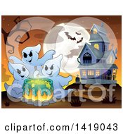 Poster, Art Print Of Group Of Ghosts Around A Boiling Cauldron Near A Haunted House