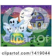 Clipart Of A Group Of Ghosts Around A Boiling Cauldron Near A Haunted House Royalty Free Vector Illustration by visekart