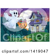 Poster, Art Print Of Ghost Trick Or Treating Near A Haunted Mansion