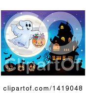 Poster, Art Print Of Ghost Trick Or Treating Near A Haunted House Over Jackolanterns And A Full Moon