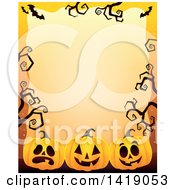 Poster, Art Print Of Halloween Border Of Jackolantern Pumpkins Bats And Curly Bare Tree Branches Over Orange