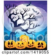 Poster, Art Print Of Row Of Carved Jackolantern Pumpkins By A Spooky Tree Against A Full Moon With Bats