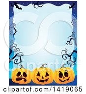 Poster, Art Print Of Halloween Border Of Jackolantern Pumpkins Bats And Curly Bare Tree Branches Over Blue