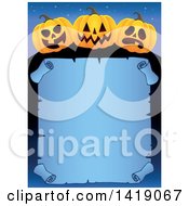 Poster, Art Print Of Halloween Border Of Jackolantern Pumpkins Over A Blue Parchment Scroll