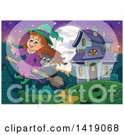 Poster, Art Print Of Witch Girl And Cat Flying On A Broomstick Away From A Haunted House