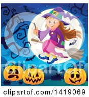 Poster, Art Print Of Happy Witch Girl Flying On A Broomstick Over Halloween Jackolantern Pumpkins