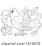 Poster, Art Print Of Black And White Lineart Crow Bird With Autumn Leaves