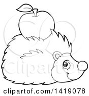 Poster, Art Print Of Black And White Lineart Happy Hedgehog With An Apple On Its Back