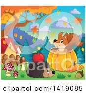 Poster, Art Print Of Happy Hedgehog With An Apple On Its Back By A Squirrel In A Pumpkin In An Autumn Yard