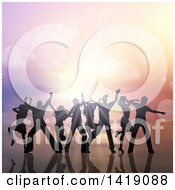 Clipart Of A Background Of Silhouetted Party People Dancing And Sunset With Flares Royalty Free Vector Illustration