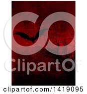 Clipart Of A Silhouetted Vampire Bat And Bare Branches On A Grungy Red Halloween Background Texture Royalty Free Illustration