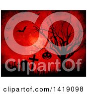 Poster, Art Print Of Silhouetted Halloween Jackolantern Pumpkin Hanging From A Bare Tree In A Cemetery On Red With Flying Bats