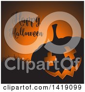 Poster, Art Print Of Happy Halloween Greeting With A Silhouetted Jackolantern Pumpkin With Cross Eyes And Grass On Orange