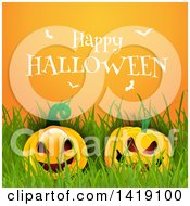 Poster, Art Print Of Happy Halloween Greeting With White Bats Over Pumpkins And Grass On Orange