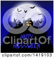 Poster, Art Print Of Happy Halloween Greeting Under A Silhouetted Jackolantern Pumpkin In A Cemetery With A Full Moon Trees And Bats In A Cemetery