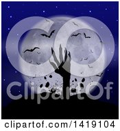 Poster, Art Print Of Silhouetted Zombie Hand Rising From The Grave Against A Full Moon With Vampire Bats