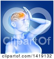 Clipart Of A 3d Anatomical Woman With Visible Glowing Brain Over Blue Royalty Free Illustration