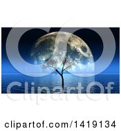 Clipart Of A 3d Bare Tree In The Ocean Against A Moon Royalty Free Illustration