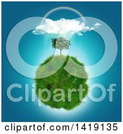 Clipart Of A 3d Rainbow And Rain Cloud Over A Tree On A Grassy Planet Royalty Free Illustration