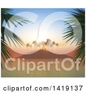 3d Tropical Island With Palm Trees At Sunset