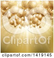 Background Of Confetti Flares And 3d Golden Party Balloons With Light