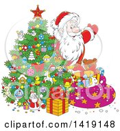 Poster, Art Print Of Cartoon Santa Claus Putting Gifts Under A Christmas Tree