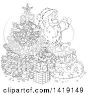 Poster, Art Print Of Cartoon Black And White Lineart Santa Claus Putting Gifts Under A Christmas Tree