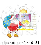 Poster, Art Print Of Caucasian Girl Sleeping On Christmas Eve While Santa Peeks In Her Window