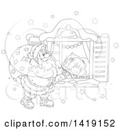 Poster, Art Print Of Black And White Lineart Girl Sleeping On Christmas Eve While Santa Peeks In Her Window