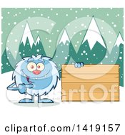 Poster, Art Print Of Cartoon Yeti Abominable Snowman Pointing To A Blank Wood Sign