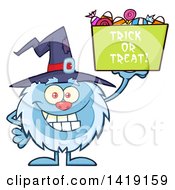 Clipart Of A Cartoon Yeti Abominable Snowman Wearing A Witch Hat And Trick Or Treating On Halloween Royalty Free Vector Illustration