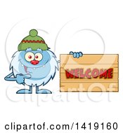 Cartoon Yeti Abominable Snowman Wearing A Hat And Pointing To A Welcome Sign
