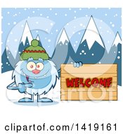 Clipart Of A Cartoon Yeti Abominable Snowman Wearing A Hat And Pointing To A Welcome Sign Royalty Free Vector Illustration