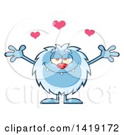 Cartoon Yeti Abominable Snowman With Open Arms Under Hearts