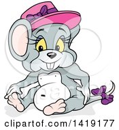 Poster, Art Print Of Cartoon Female Mouse Sitting And Wearing A Pink Hat