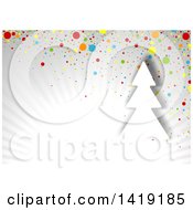 Poster, Art Print Of Christmas Background With A Tree Over Gray Rays With Colorful Dots
