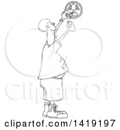 Poster, Art Print Of Cartoon Black And White Lineart Chubby African Man Putting A New Battery In A Smoke Detector