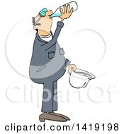 Poster, Art Print Of Cartoon Thirsty Caucasian Male Worker Wearing Coveralls And Drinking Water