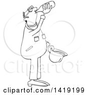 Poster, Art Print Of Cartoon Black And White Lineart Thirsty Male Worker Wearing Coveralls And Drinking Water