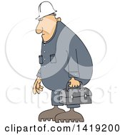 Cartoon Chubby Caucasian Male Worker Wearing Coveralls And Carrying A Lunch Box