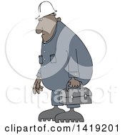 Cartoon Chubby African Male Worker Wearing Coveralls And Carrying A Lunch Box