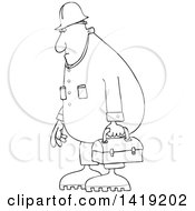 Poster, Art Print Of Cartoon Black And White Lineart Chubby Male Worker Wearing Coveralls And Carrying A Lunch Box